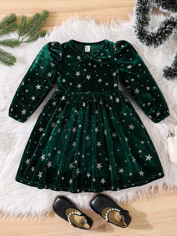 Young Girl Star Print Flocked Long Sleeve Christmas Party Dress