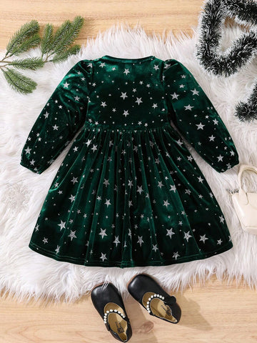 Young Girl Star Print Flocked Long Sleeve Christmas Party Dress