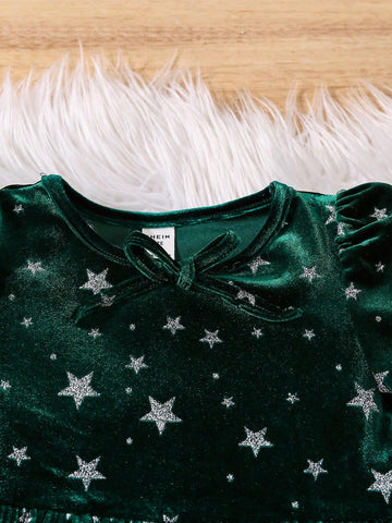 Young Girl Star Print Flocked Long Sleeve Christmas Party Dress