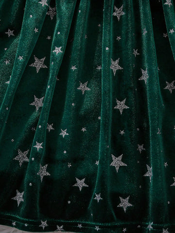 Young Girl Star Print Flocked Long Sleeve Christmas Party Dress