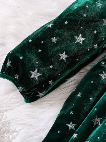 Young Girl Star Print Flocked Long Sleeve Christmas Party Dress