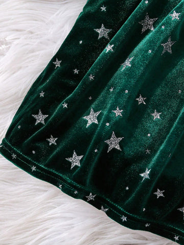 Young Girl Star Print Flocked Long Sleeve Christmas Party Dress