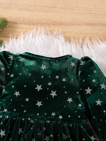Young Girl Star Print Flocked Long Sleeve Christmas Party Dress