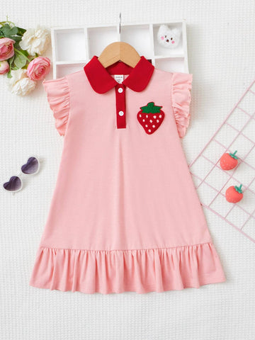 Young Girl Strawberry Patched Ruffle Trim Dress