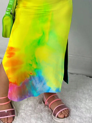 Young Girl Street Style Tie-Dye Cartoon Smiling Face & Floral Print Sleeveless Knit Dress