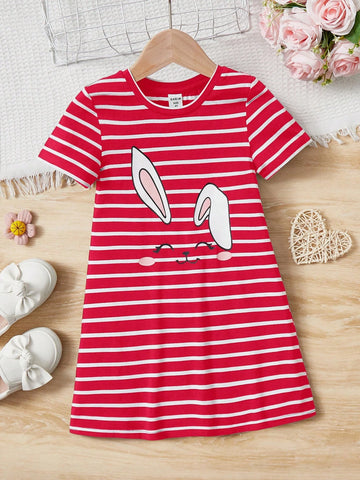 Young Girl Striped Bunny Print Round Neck Short Sleeve Dress