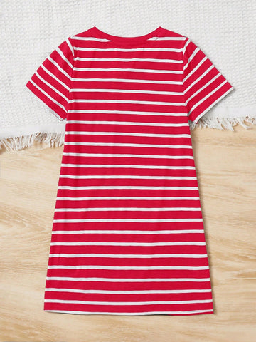 Young Girl Striped Bunny Print Round Neck Short Sleeve Dress