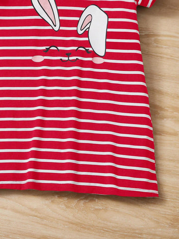 Young Girl Striped Bunny Print Round Neck Short Sleeve Dress