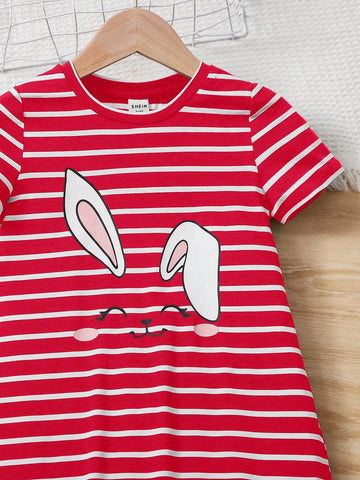 Young Girl Striped Bunny Print Round Neck Short Sleeve Dress