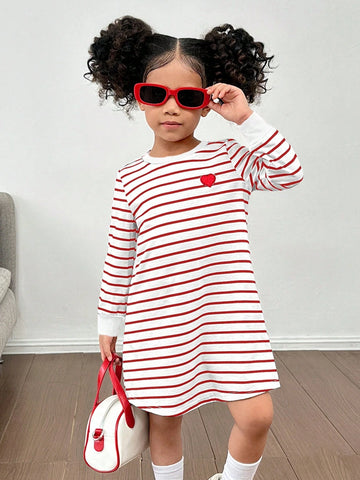 Young Girl Striped Heart Pattern Casual Dress, Suitable For Daily, Home, And Outdoor Wear