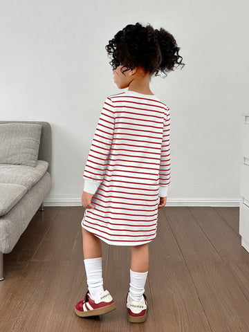 Young Girl Striped Heart Pattern Casual Dress, Suitable For Daily, Home, And Outdoor Wear