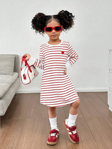 Young Girl Striped Heart Pattern Casual Dress, Suitable For Daily, Home, And Outdoor Wear
