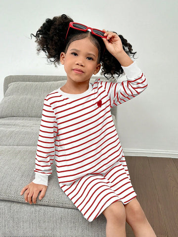 Young Girl Striped Heart Pattern Casual Dress, Suitable For Daily, Home, And Outdoor Wear