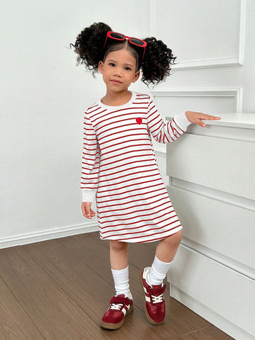 Young Girl Striped Heart Pattern Casual Dress, Suitable For Daily, Home, And Outdoor Wear