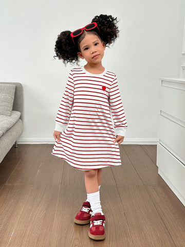 Young Girl Striped Heart Pattern Casual Dress, Suitable For Daily, Home, And Outdoor Wear