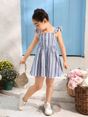 Young Girl Striped Knitted Wooden Button Decor Cap Sleeve Casual Dress