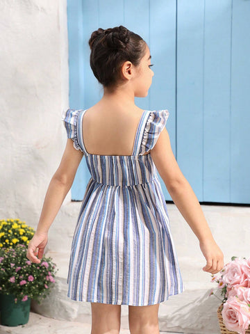 Young Girl Striped Knitted Wooden Button Decor Cap Sleeve Casual Dress