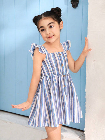 Young Girl Striped Knitted Wooden Button Decor Cap Sleeve Casual Dress