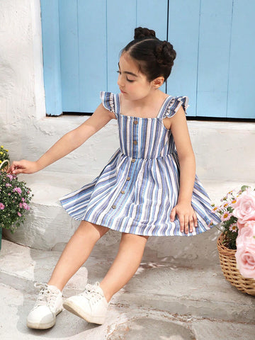 Young Girl Striped Knitted Wooden Button Decor Cap Sleeve Casual Dress