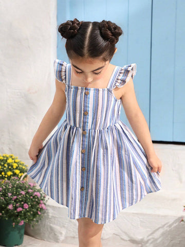 Young Girl Striped Knitted Wooden Button Decor Cap Sleeve Casual Dress