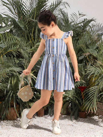 Young Girl Striped Knitted Wooden Button Decor Cap Sleeve Casual Dress