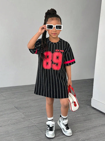 Young Girl Striped Letter Print Round Neck Loose Casual Knit Dress
