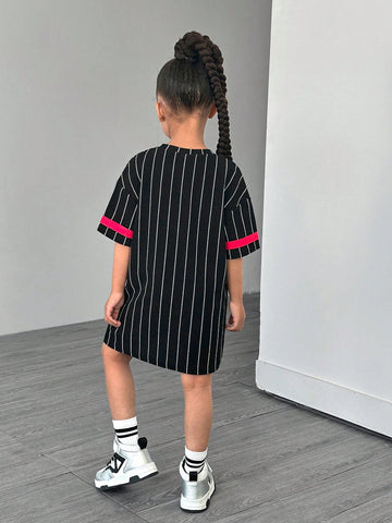 Young Girl Striped Letter Print Round Neck Loose Casual Knit Dress