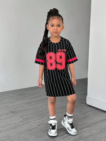 Young Girl Striped Letter Print Round Neck Loose Casual Knit Dress