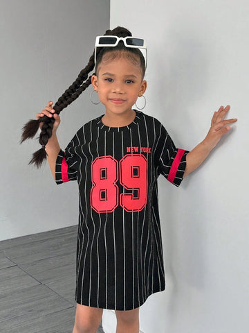 Young Girl Striped Letter Print Round Neck Loose Casual Knit Dress