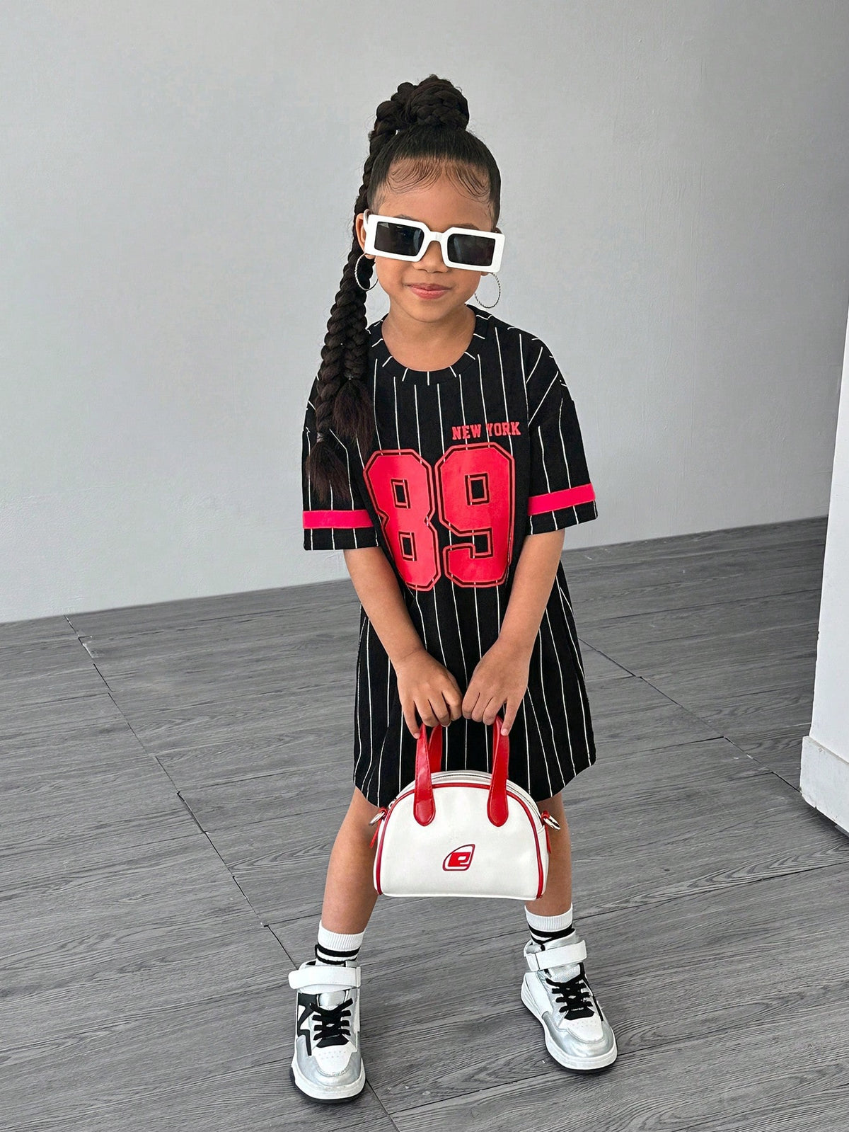 Young Girl Striped Letter Print Round Neck Loose Casual Knit Dress