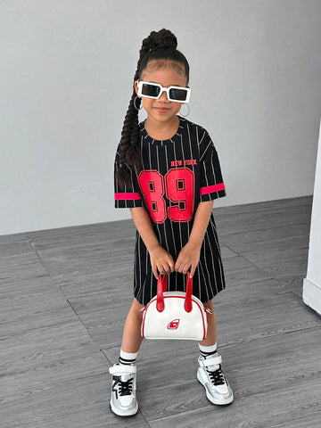 Young Girl Striped Letter Print Round Neck Loose Casual Knit Dress