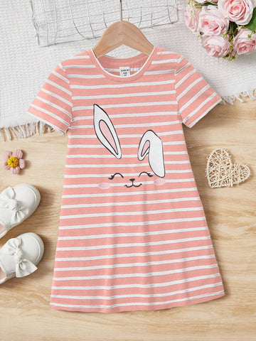 Young Girl Striped Rabbit Print Round Neck Short Sleeve Dress