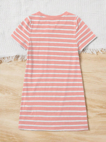 Young Girl Striped Rabbit Print Round Neck Short Sleeve Dress
