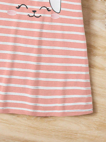 Young Girl Striped Rabbit Print Round Neck Short Sleeve Dress