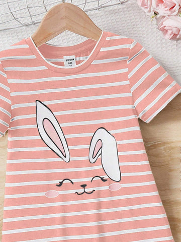 Young Girl Striped Rabbit Print Round Neck Short Sleeve Dress