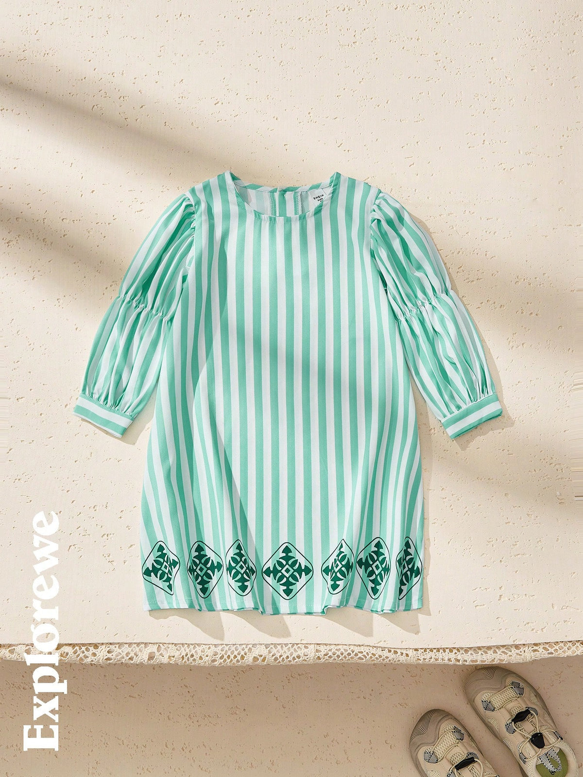 Young Girl Striped Round Neck Long Sleeve Casual Loose Dress, Autumn