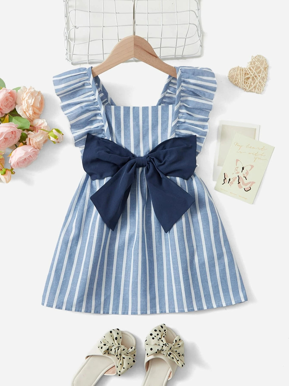 Young Girl Striped Ruffle Trim Belted Dress