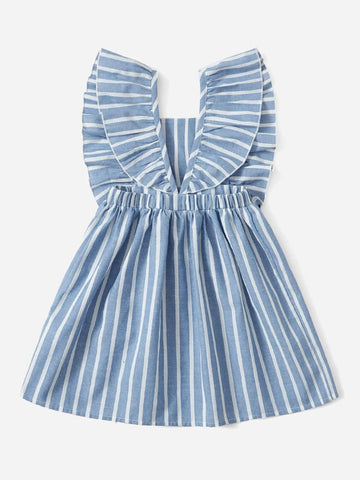 Young Girl Striped Ruffle Trim Belted Dress