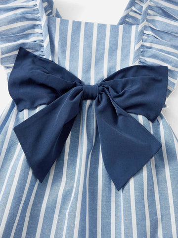Young Girl Striped Ruffle Trim Belted Dress