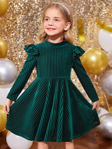 Young Girl Striped Velvet A-Line Dress,Elegant Ruffle Long Sleeve Velvet Cake Dress,For Birthday Party, Vacation