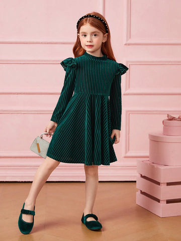 Young Girl Striped Velvet A-Line Dress,Elegant Ruffle Long Sleeve Velvet Cake Dress,For Birthday Party, Vacation