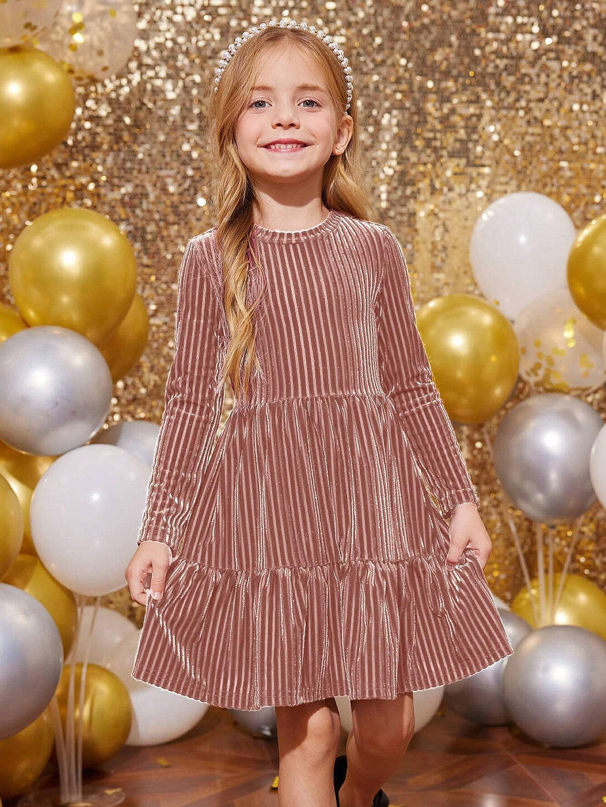 Young Girl Striped Velvet A-Line Dress, Elegant Long Sleeve Cake Dress, For Birthday Party, Vacation, Great For Casual & Daily Wear & School Daily