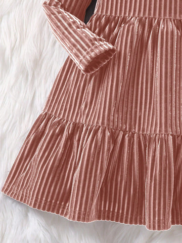 Young Girl Striped Velvet A-Line Dress, Elegant Long Sleeve Cake Dress, For Birthday Party, Vacation, Great For Casual & Daily Wear & School Daily