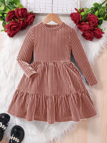 Young Girl Striped Velvet A-Line Dress, Elegant Long Sleeve Cake Dress, For Birthday Party, Vacation, Great For Casual & Daily Wear & School Daily