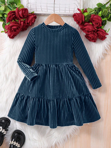 Young Girl Striped Velvet A-Line Dress, Elegant Long Sleeve Cake Dress, For Birthday Party, Vacation, Great For Casual & Daily Wear & School Daily