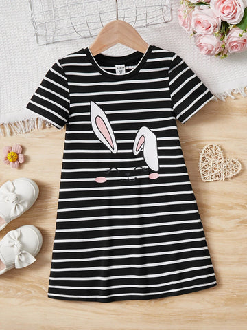 Young Girl Striped & Cartoon Graphic Tee Dress