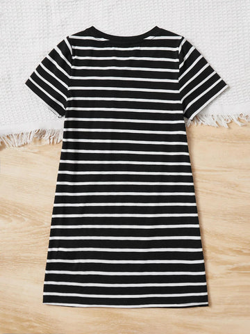 Young Girl Striped & Cartoon Graphic Tee Dress