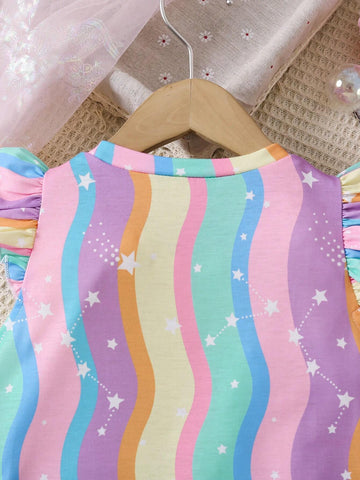 Young Girl Striped & Cartoon Print Round Neck Ruffle Trim Dress