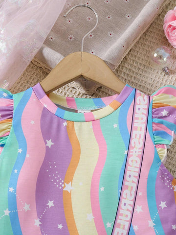 Young Girl Striped & Cartoon Print Round Neck Ruffle Trim Dress