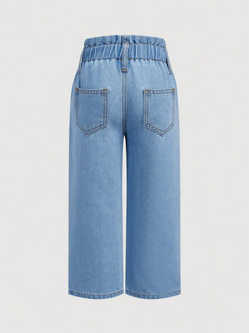 Young Girl Stylish Water-Washed Jeans With Paperbag Waist And Embroidered Flowers